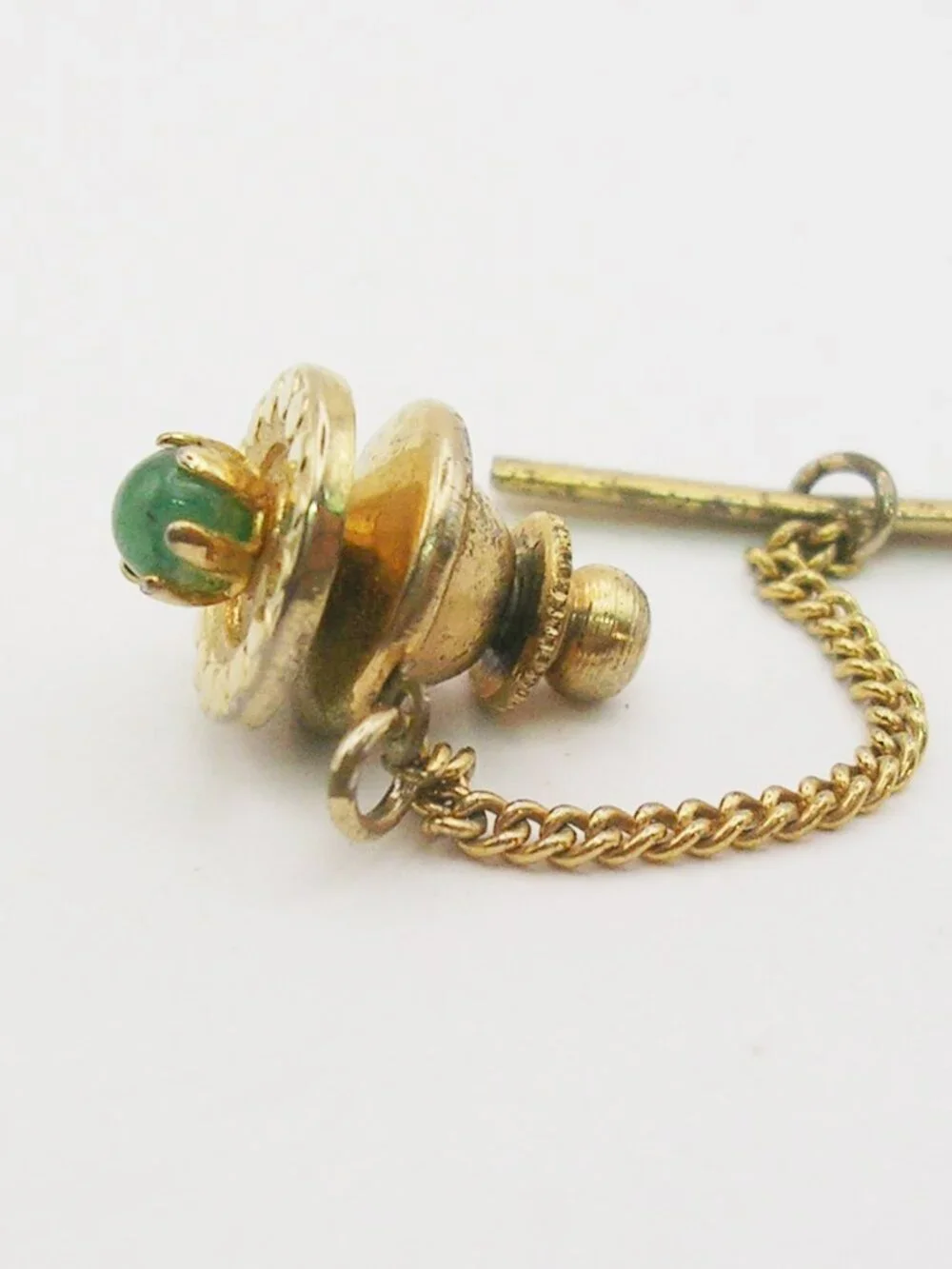 Vintage Tie Tack Pin with Chain genuine Jade Pearl classic Men Formal Wear